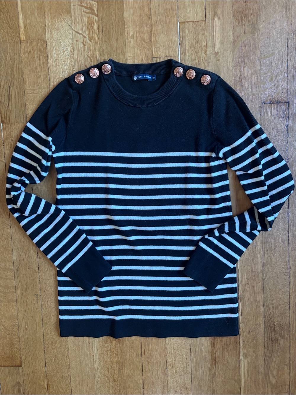 Petit Bateau Black & White Striped Crewneck Sweater with Shoulder Buttons